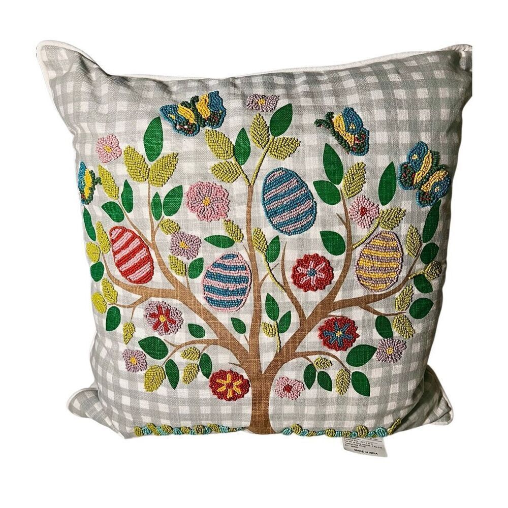 Lacourte 20″ x 20″ Easter Egg Tree Beaded Decorative Pillow, Green Gingham Print
